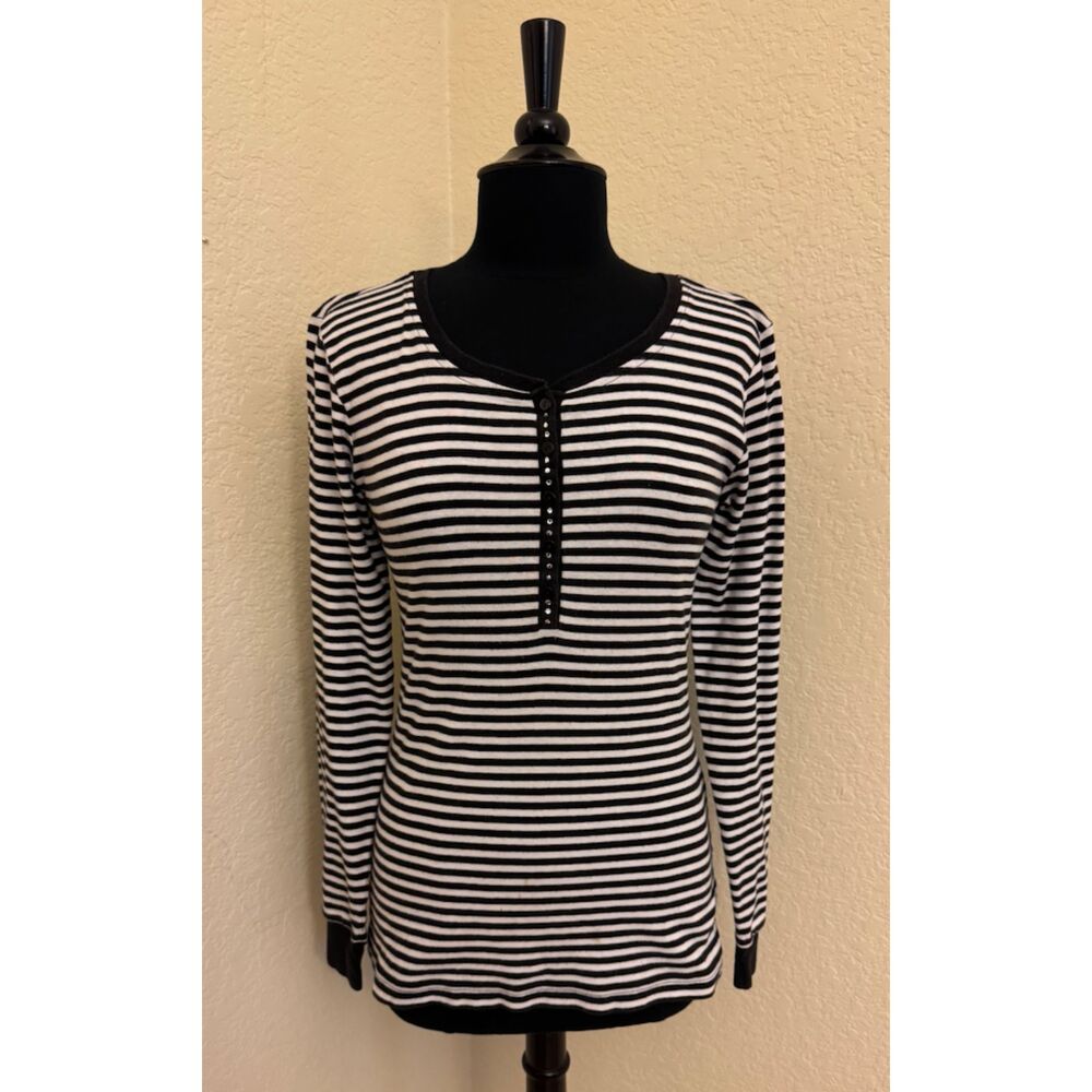 Copper Key Black and White Stripe Rhinestone Bling Long Sleeve Top - Sz XL